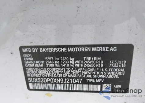 2022 BMW X3 xDrive30I z USA, uszkodzony, nr VIN 5UX53DP0XN9J21047